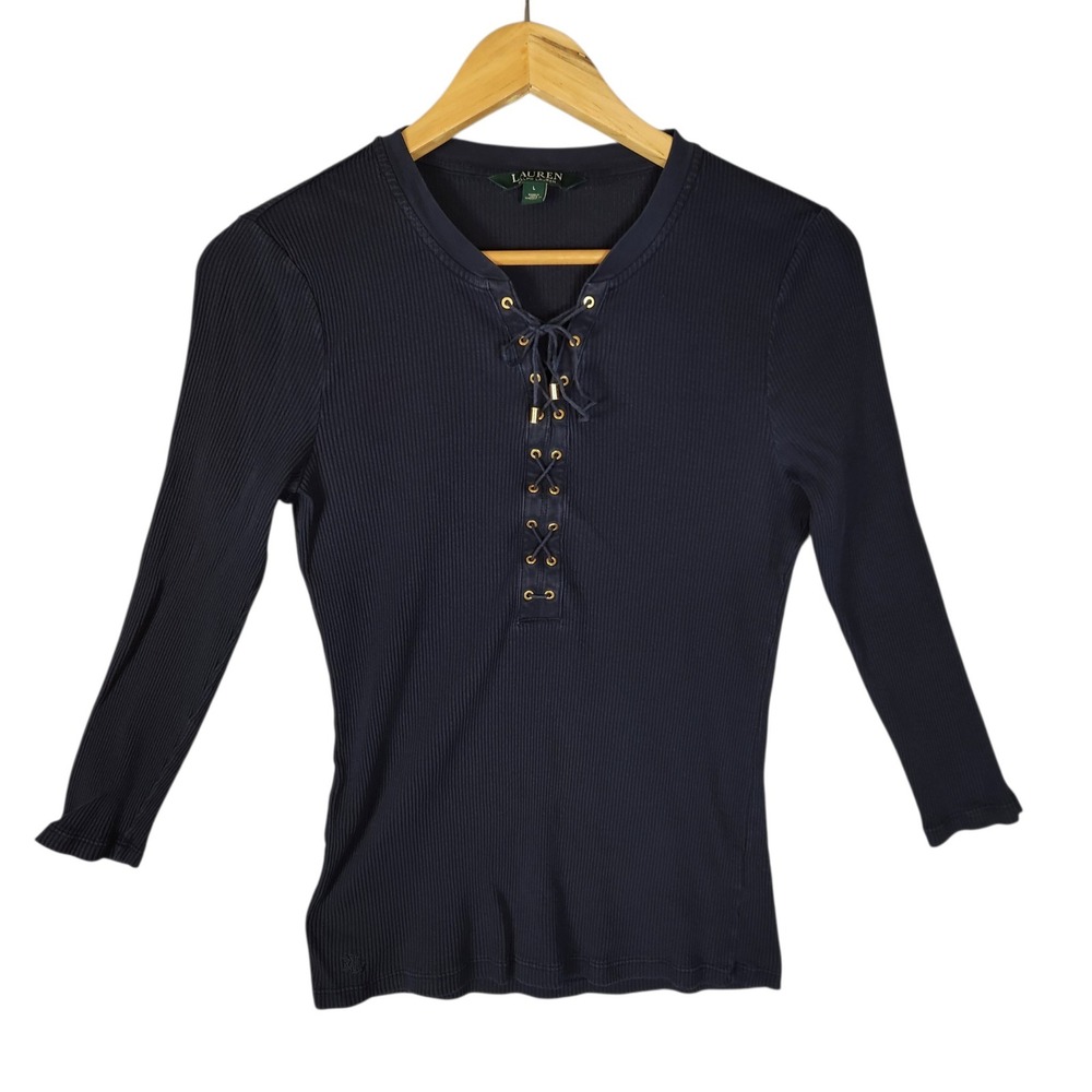 Lauren Ralph Lauren Top Large Navy Lace Up Ribbed 3/4 Sleeve Knit 90s Y2K Preppy